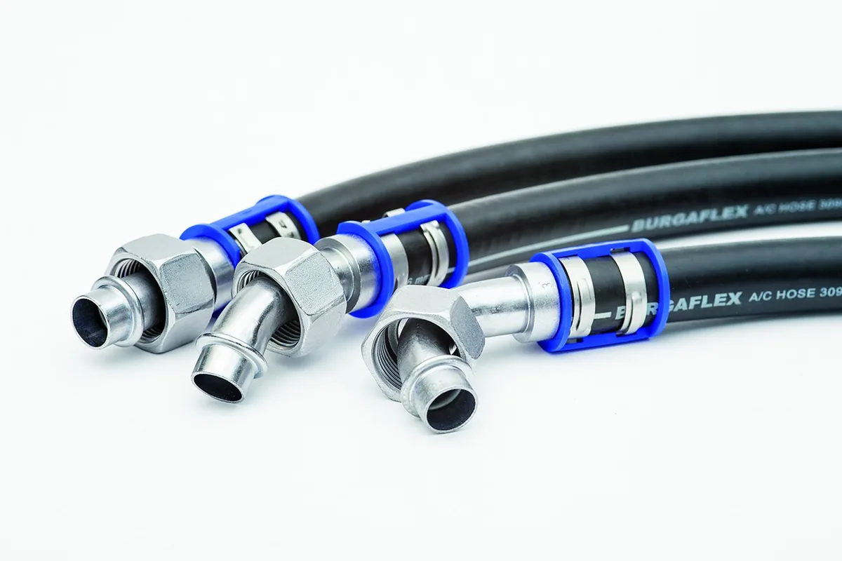 Black rubber hose assemblies with crimped metal end fittings and blue retaining clips